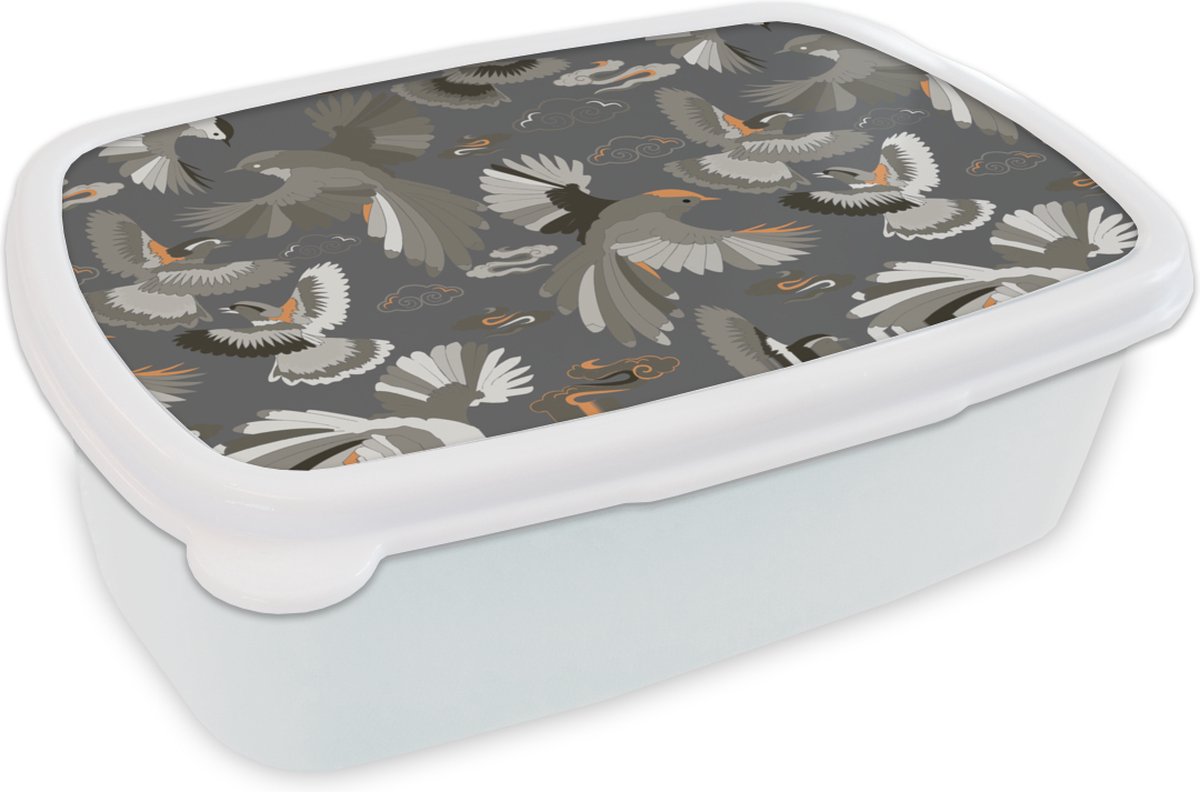 Broodtrommel Wit - Lunchbox - Brooddoos - Vogel - Patroon - Wolken - 18x12x6 cm - Volwassenen