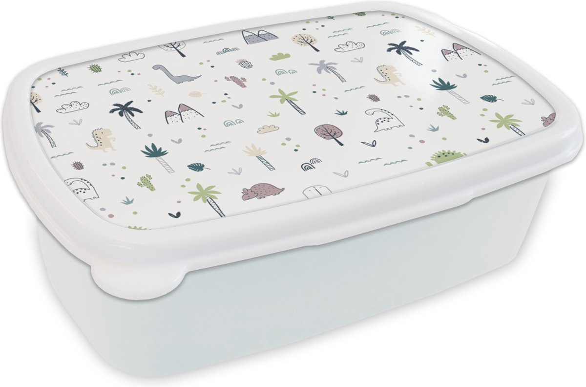 Broodtrommel Wit - Lunchbox - Brooddoos - Dinosaurus - Bomen - Patronen - 18x12x6 cm - Volwassenen