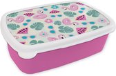 Broodtrommel Roze - Lunchbox - Brooddoos - Zomer - Patroon - Flamingo - Monstera - 18x12x6 cm - Kinderen - Meisje