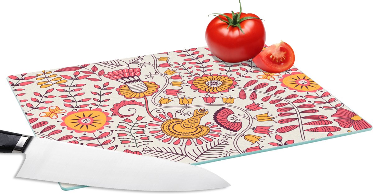 Glazen Snijplank - 28x20 - Bloemen - Design - Roze - Oranje - Snijplanken Glas