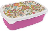 Broodtrommel Roze - Lunchbox - Brooddoos - Meisje - Konijn - Kikker - Patronen - Girl - Kids - Kinderen - Kind - 18x12x6 cm - Kinderen - Meisje