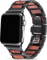 Strap-it Stalen/Houten schakel band - Geschikt voor Apple Watch bandje - Series 1/2/3/4/5/6/7/8/9/SE - Zwart - Band metaal/hout met RVS vlindersluiting - Stainless steel iWatch ban