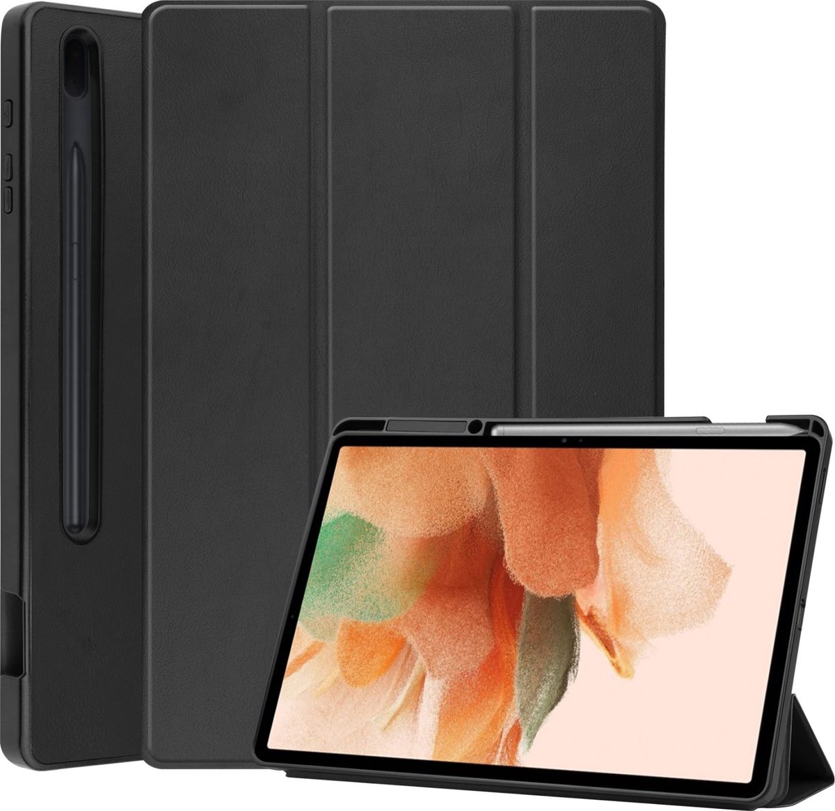 Mobigear Tablethoes geschikt voor Samsung Galaxy Tab S7 FE Hoes | Mobigear Tri-Fold Gel Bookcase + Stylus Houder - Zwart