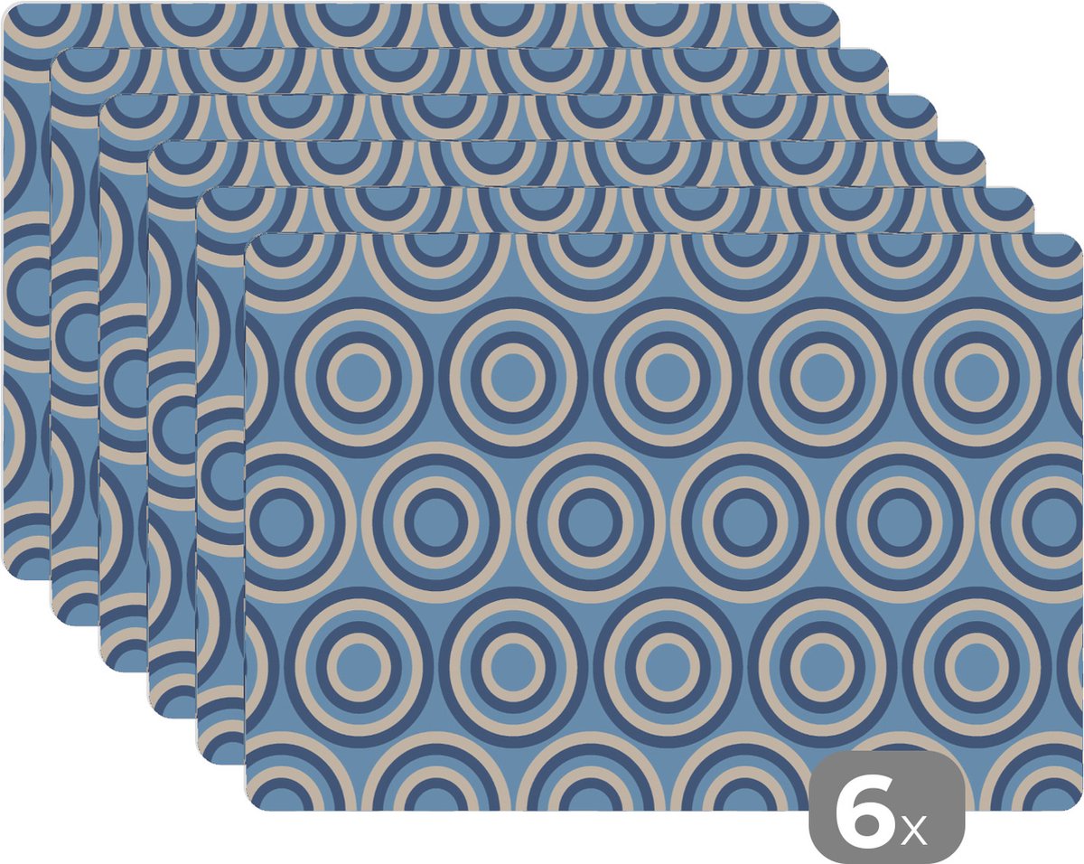 Placemat - Placemats kunststof - Cirkel - Blauw - Patroon - 45x30 cm - 6 stuks - Hittebestendig - Anti-Slip - Onderlegger - Afneembaar