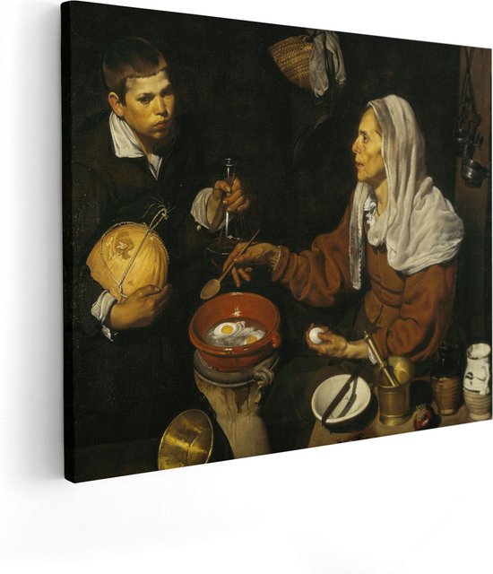 Artaza Canvas Schilderij Oude Vrouwen bakken Eieren - Diego Velázquez - 100x80 - Groot - Kunst - Wanddecoratie Woonkamer
