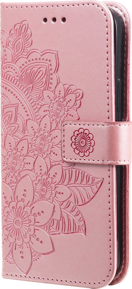 Hoesje geschikt voor iPhone SE 2022 - Bookcase - Pasjeshouder - Portemonnee - Bloemenprint - Kunstleer - Rose Goud