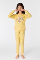 Woody pyjama meisjes/dames - mosterdgeel fijn gestreept - mandrill aap - 221-1-PZB-Z/964 - maat 128