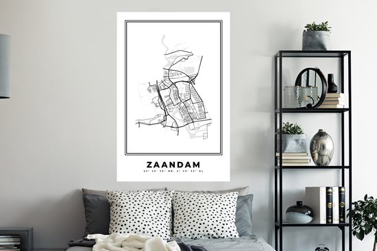 Stickers muraux - Plan de la ville - Zwart Wit - Carte - Zaandam - Nederland - Carte - 80x120 cm - Feuille adhésive