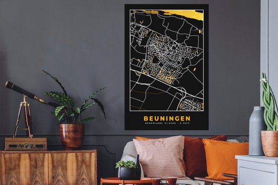 Stickers muraux - Beuningen - Black and Gold et Or - Carte - Plan d'étage - Plan de la ville - 80x120 cm - Feuille adhésive