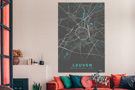 Peinture sur Toile Carte - Louvain - Blauw - Plan de Ville - Carte - België - 120x180 cm - Décoration murale XXL