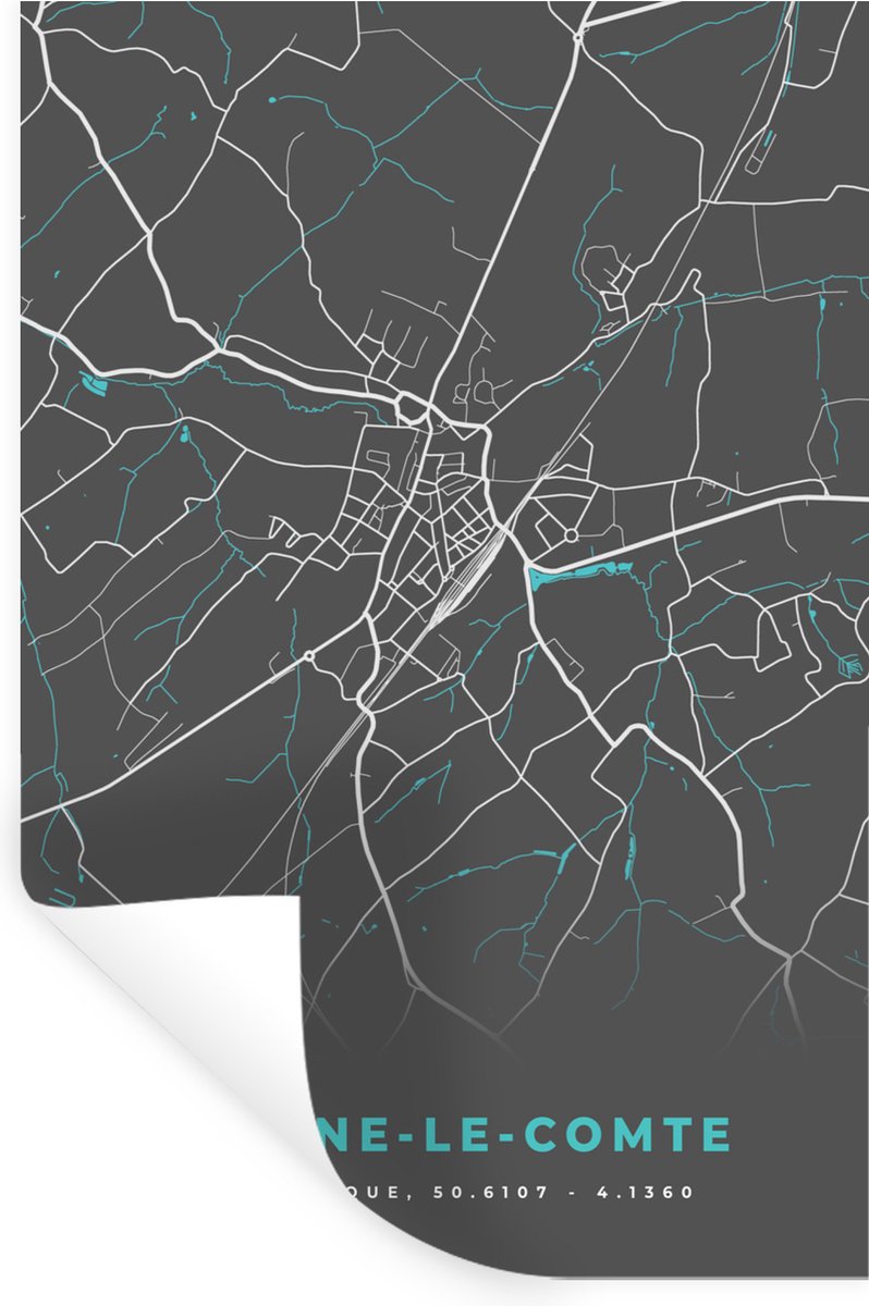 Muurstickers - Sticker Folie - België – Braine le Comte – Stadskaart – Kaart – Blauw – Pla