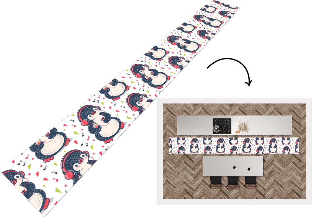 KitchenYeah Keukenloper - Keukenmat - Pinguïn - Muziek - Koptelefoon - Kinderen - Patroon - Keuken vloerkleed multicolor, foto 2