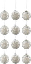 J-Line Doos Van 12 Kerstballen 4+4+4 Ornament Parels Glas Mat Wit/Mat Zilver/Blinkend Zilver Small
