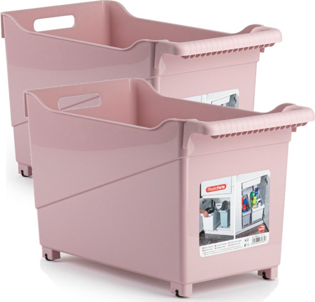 Set van 2x stuks kunststof trolleys pastel roze op wieltjes L45 x B24 x H27 cm - Voorraad/opberg boxen/bakken