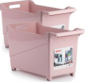 Set van 2x stuks kunststof trolleys pastel roze op wieltjes L45 x B24 x H27 cm - Voorraad/opberg boxen/bakken