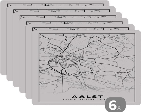 Set de table - Napperons en plastique - Plan de ville - Carte - België - Zwart Wit - Alost - Carte - 45x30 cm - 6 pièces - Résistant à la chaleur - Antidérapant - Sous-couche - Amovible