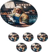 Onderzetters voor glazen - Rond - Melkmeisje - Barista - Cappuccino - Vermeer - Koffie - Kunst _ Schilderij - 10x10 cm - Glasonderzetters - 6 stuks
