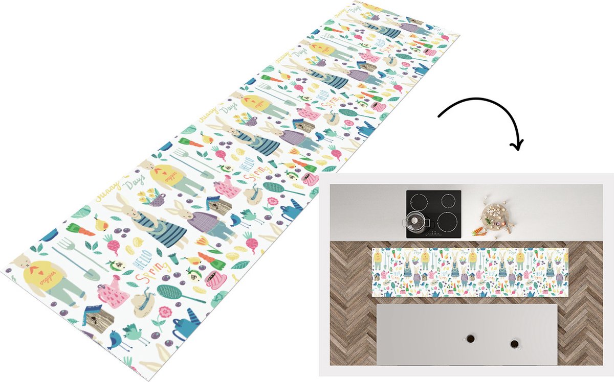 KitchenYeah Keukenloper - Loper keuken - Patronen - Konijn - Lente - Tuin - 200x50 cm - Keukenloper vinyl Multicolor