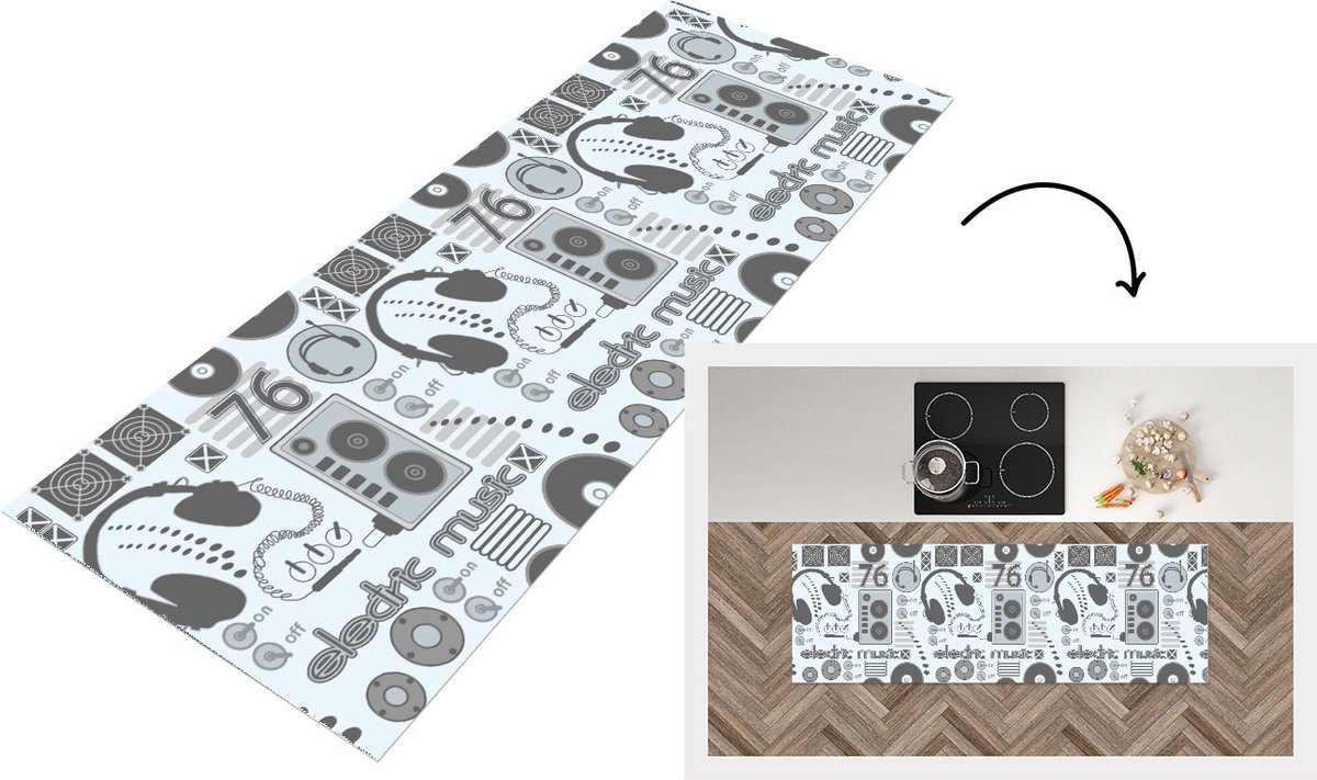 KitchenYeah Keukenloper - Loper keuken - DJ - Koptelefoon - Vintage - Tekening - Design - Keukenloper vinyl multicolor, foto 3