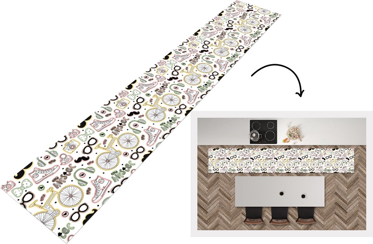 KitchenYeah Keukenloper - Loper keuken - Doodle - Koptelefoon - Patroon - 300x50 cm - Keukenloper vinyl Multicolor