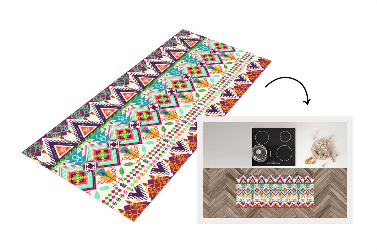 KitchenYeah Keukenloper - Loper keuken - Azteken - Zuid-Amerika - Patronen - 120x50 cm - Keukenloper vinyl Multicolor