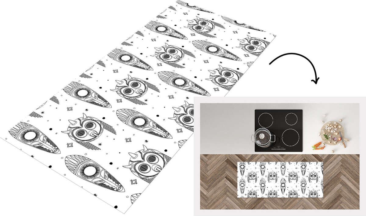 KitchenYeah Keukenloper - Loper keuken - Maya - Maskers - Zwart-Wit - Patroon - 120x50 cm - Keukenloper vinyl Zwart; Wit