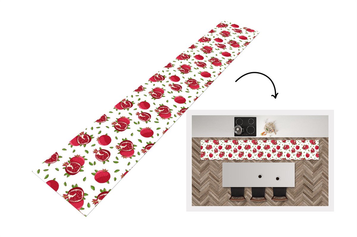 KitchenYeah Keukenloper - Loper keuken - Fruit - Bladeren - Patroon - Granaatappel - 300x50 cm - Keukenloper vinyl Multicolor