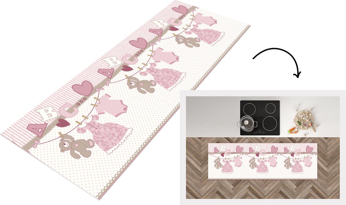 Keukenloper - Loper keuken - Baby kleren - Meisje - Knuffelbeer - Waslijn - Design - 150x5