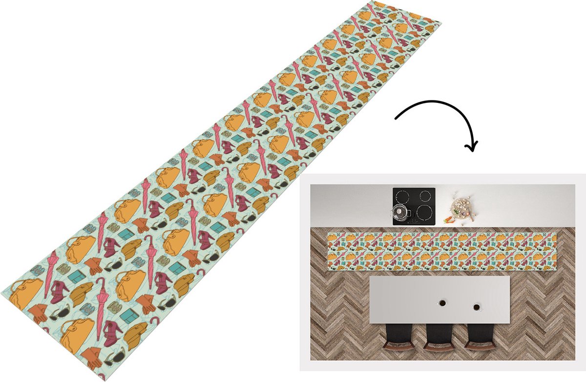KitchenYeah Keukenloper - Loper keuken - Kleren - Paraplu - Seizoenen - Design - 300x50 cm - Keukenloper vinyl Multicolor