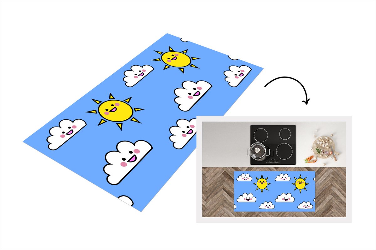 KitchenYeah Keukenloper - Loper keuken - Kawaii - Patronen - Zon - Kinderen - 120x60 cm - Keukenloper vinyl Multicolor