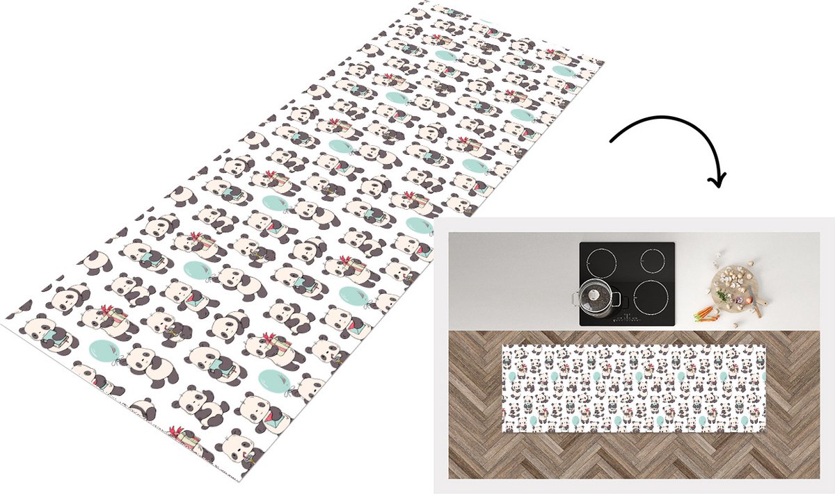 KitchenYeah Keukenloper - Loper keuken - Cadeau - Panda - Patroon - 180x60 cm - Keukenloper vinyl Multicolor