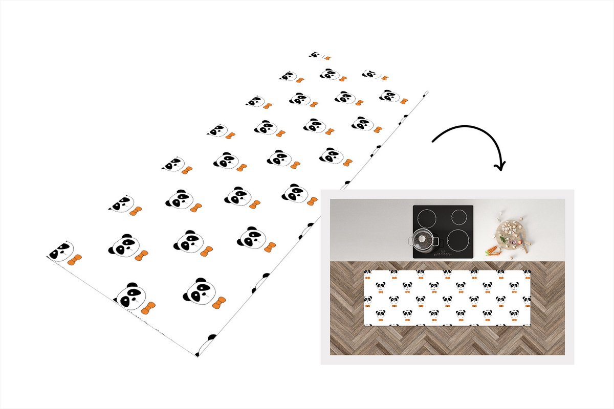 KitchenYeah Keukenloper - Loper keuken - Panda - Zwart - Wit - Patroon - 180x60 cm - Keukenloper vinyl Multicolor