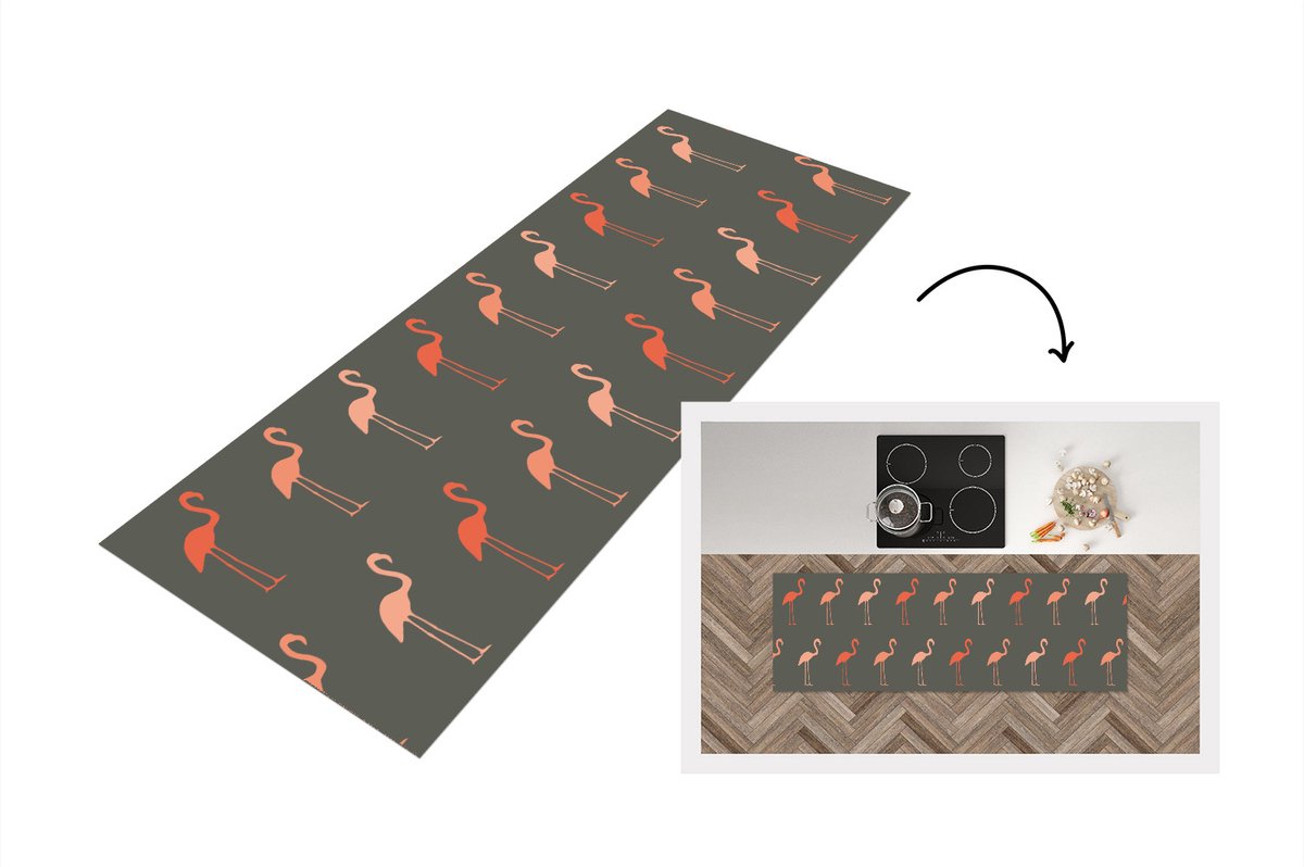 KitchenYeah Keukenloper - Loper keuken - Flamingo - Vogel - Patronen - 150x50 cm - Keukenloper vinyl Multicolor