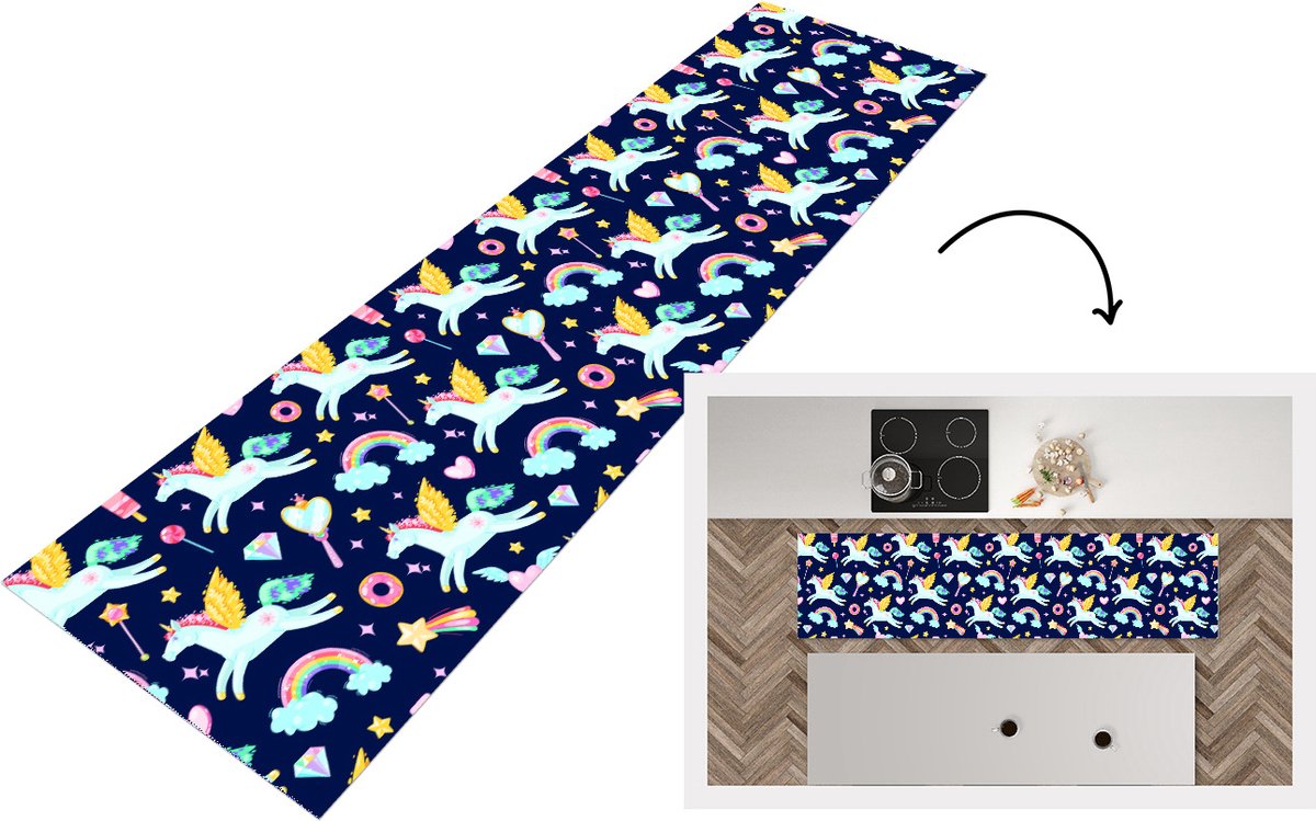KitchenYeah Keukenloper - Loper keuken - Eenhoorn - Regenboog - Diamant - Patronen - 240x60 cm - Keukenloper vinyl Multicolor