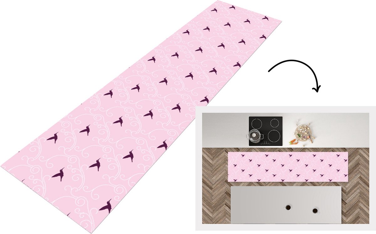 KitchenYeah Keukenloper - Loper keuken - Vogel - Patronen - Roze - 240x60 cm - Keukenloper vinyl Multicolor