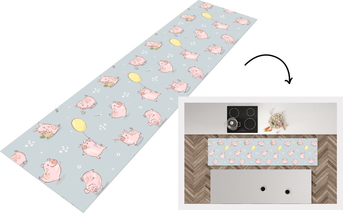 KitchenYeah Keukenloper - Loper keuken - Patronen - Varkens - Ballonnen - 240x60 cm - Keukenloper vinyl Multicolor