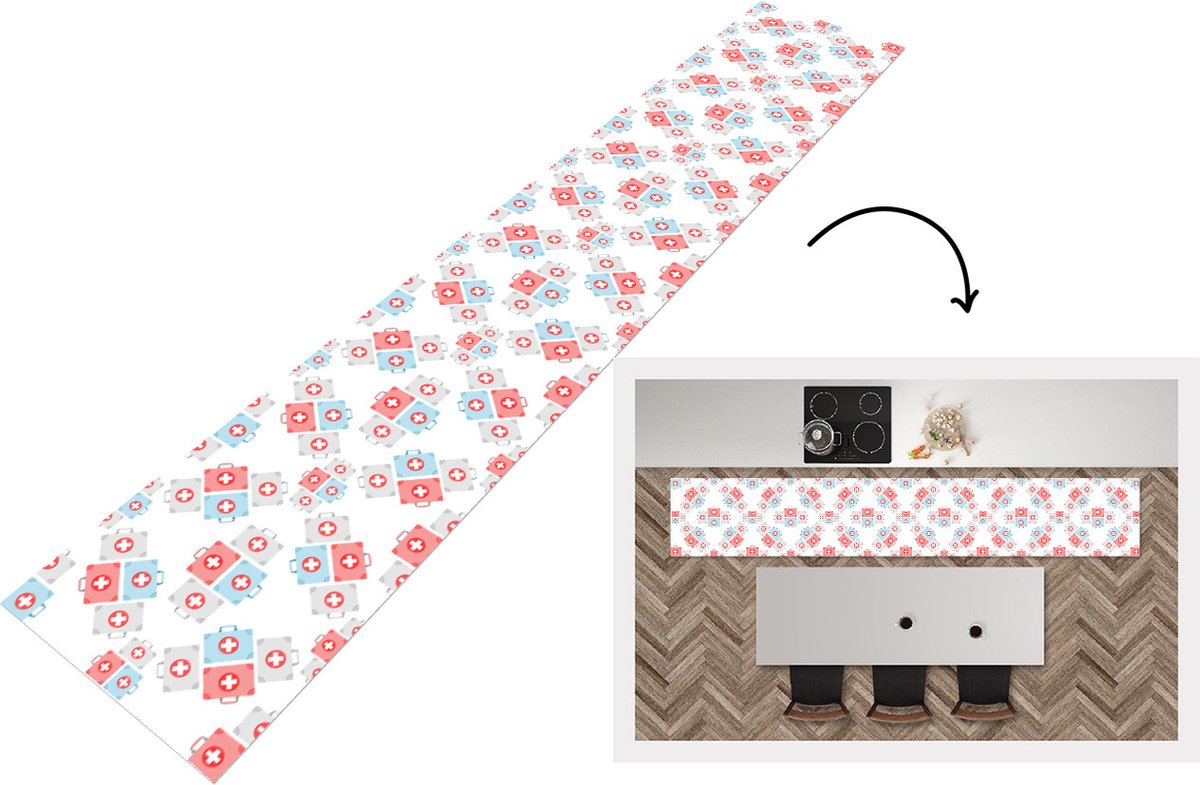 KitchenYeah Keukenloper - Loper keuken - EHBO Koffer - Abstract - Patroon - 300x50 cm - Keukenloper vinyl Multicolor