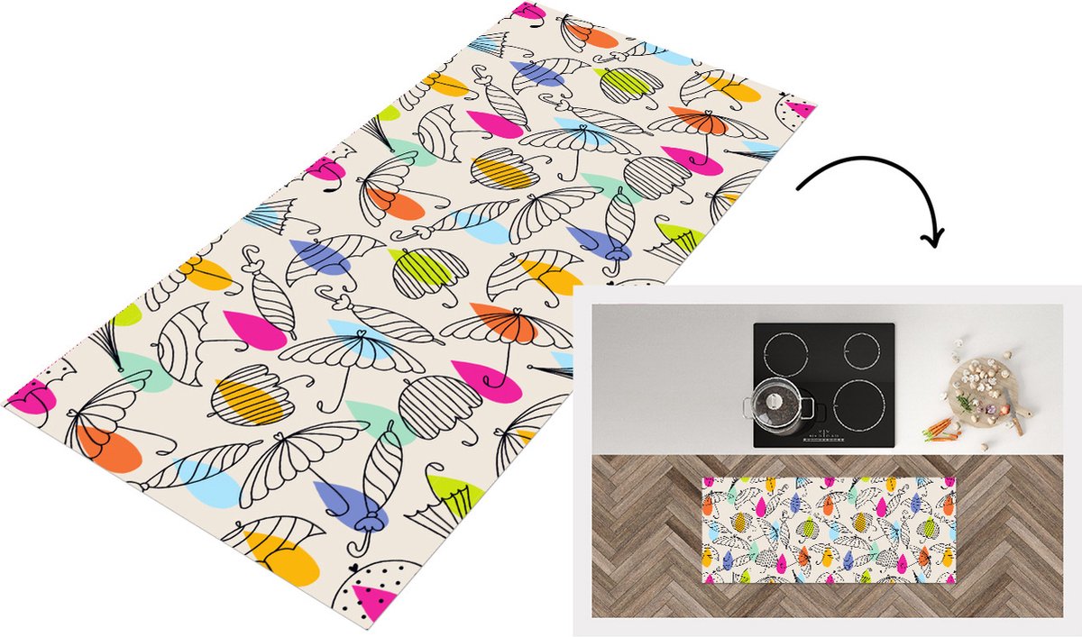 KitchenYeah Keukenloper - Loper keuken - Pastel - Paraplu - Patronen - 120x50 cm - Keukenloper vinyl Multicolor