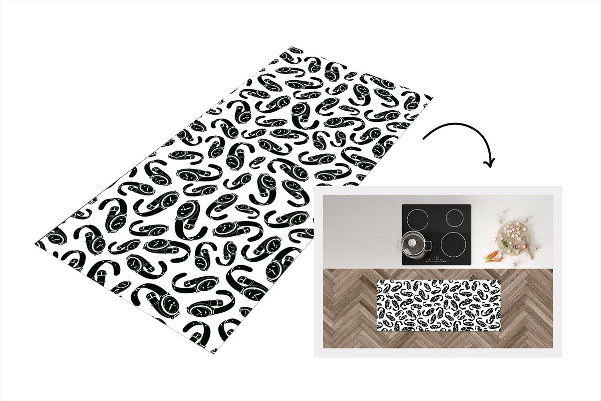 KitchenYeah Keukenloper - Loper keuken - Horloge - Zwart Wit - Patronen - 120x50 cm - Keukenloper vinyl Zwart; Wit