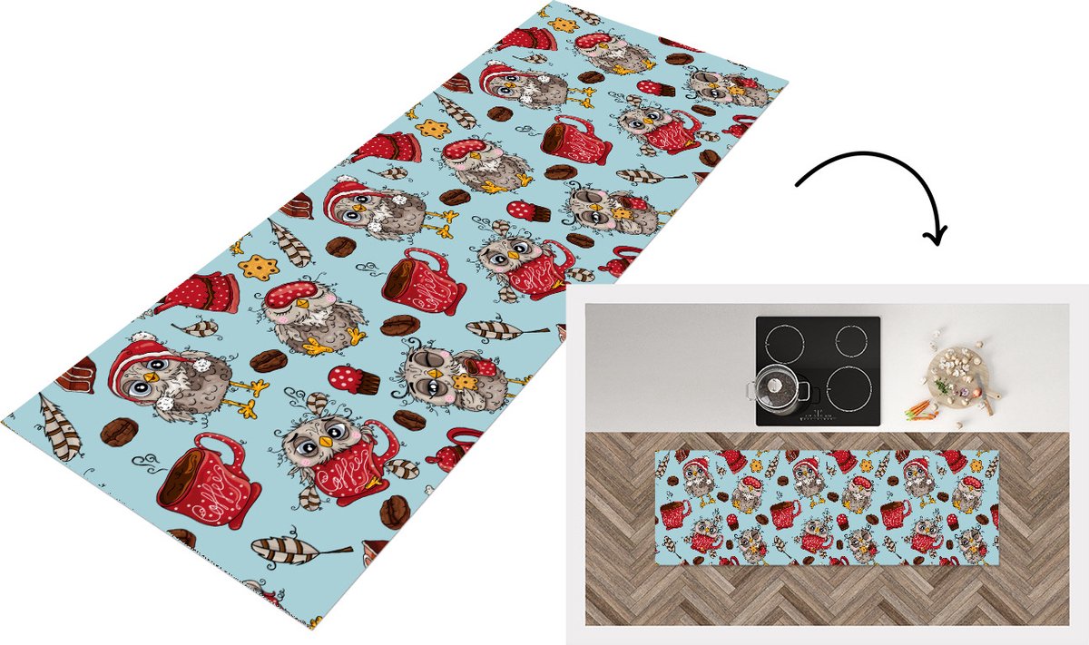 KitchenYeah Keukenloper - Loper keuken - Patronen - Uil - Ontbijt - 150x50 cm - Keukenloper vinyl Multicolor
