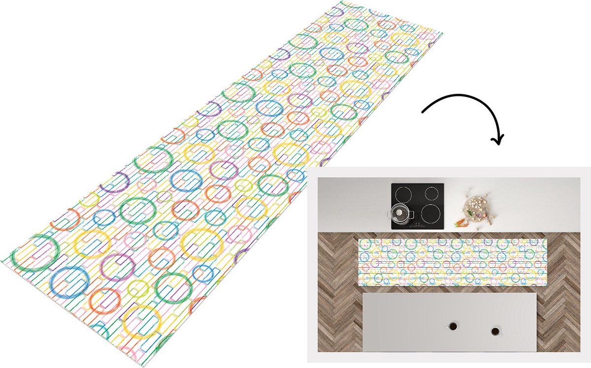 KitchenYeah Keukenloper - Loper keuken - Muur - Cirkel - Patronen - 200x50 cm - Keukenloper vinyl Multicolor