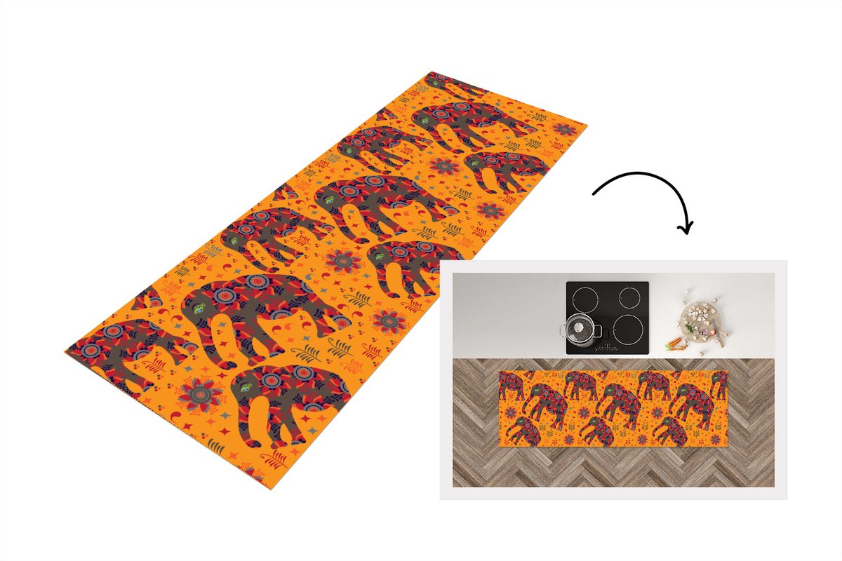 KitchenYeah Keukenloper - Loper keuken - Olifant - Ornament - Bloemen - Patroon - 180x60 cm - Keukenloper vinyl Multicolor