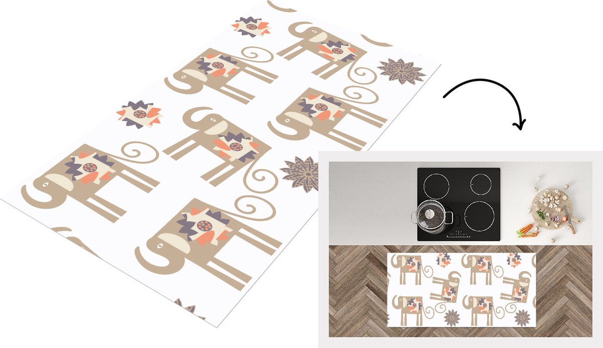 KitchenYeah Keukenloper - Loper keuken - Bloemen - Olifant - Patroon - 120x60 cm - Keukenloper vinyl Multicolor