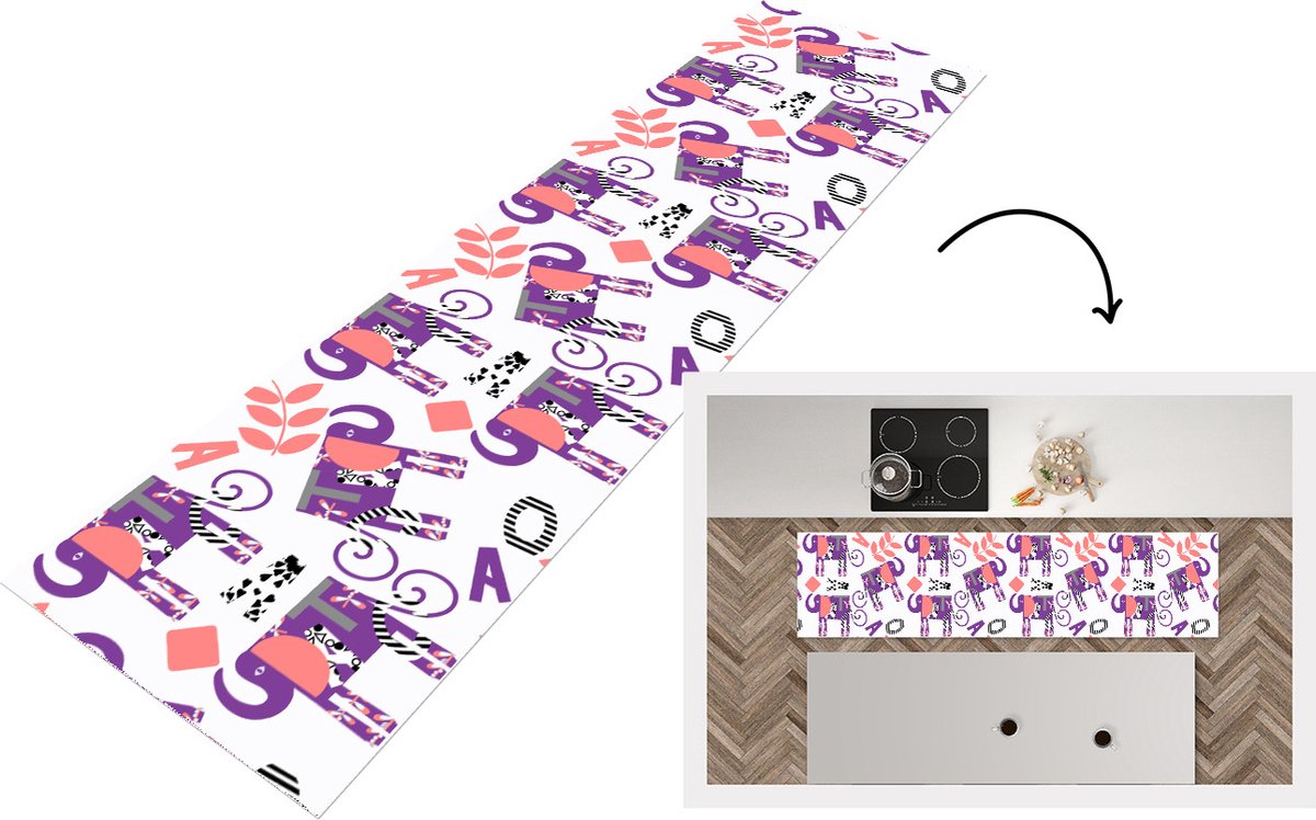KitchenYeah Keukenloper - Loper keuken - Olifanten - Bladeren - Paars - Patroon - 240x60 cm - Keukenloper vinyl Multicolor