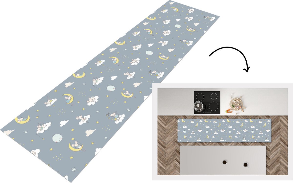 KitchenYeah Keukenloper - Loper keuken - Muis - Maan - Patronen - 200x50 cm - Keukenloper vinyl Multicolor