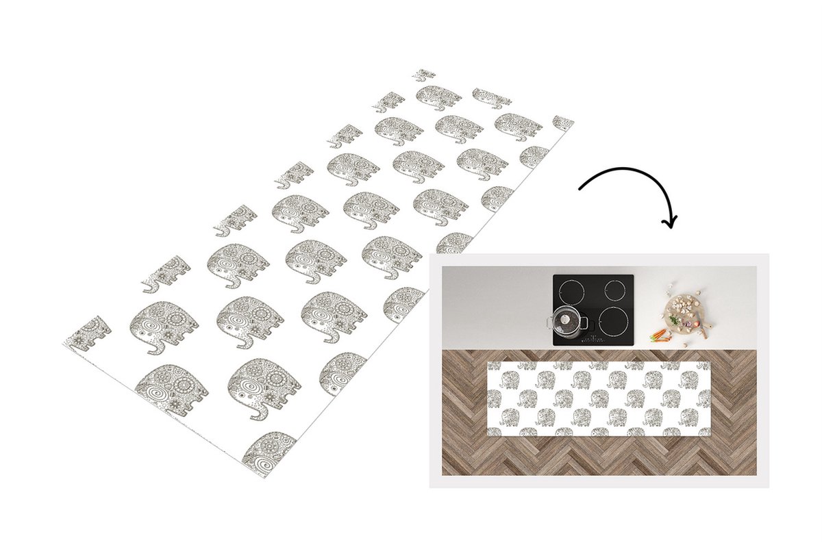 KitchenYeah Keukenloper - Loper keuken - Doodle - Olifant - Design - 180x60 cm - Keukenloper vinyl Multicolor
