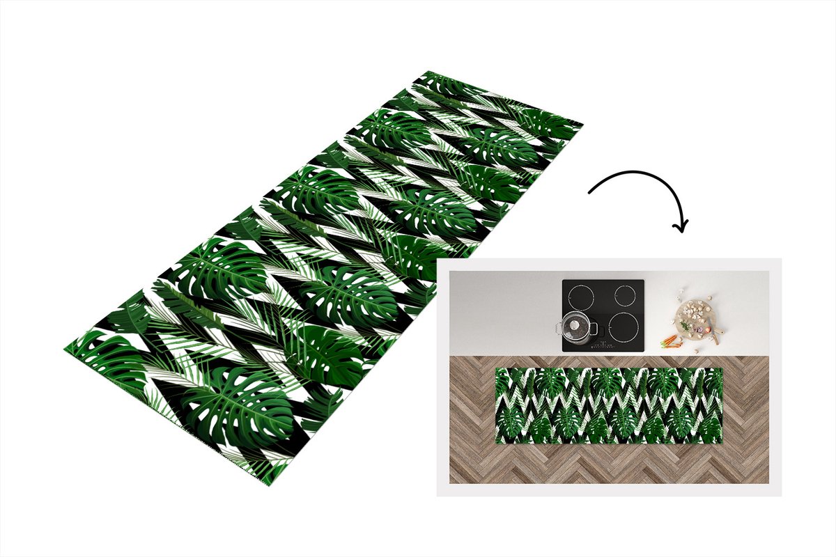 KitchenYeah Keukenloper - Loper keuken - Monstera - Zwart Wit - Patronen - 180x60 cm - Keukenloper vinyl Zwart; Wit