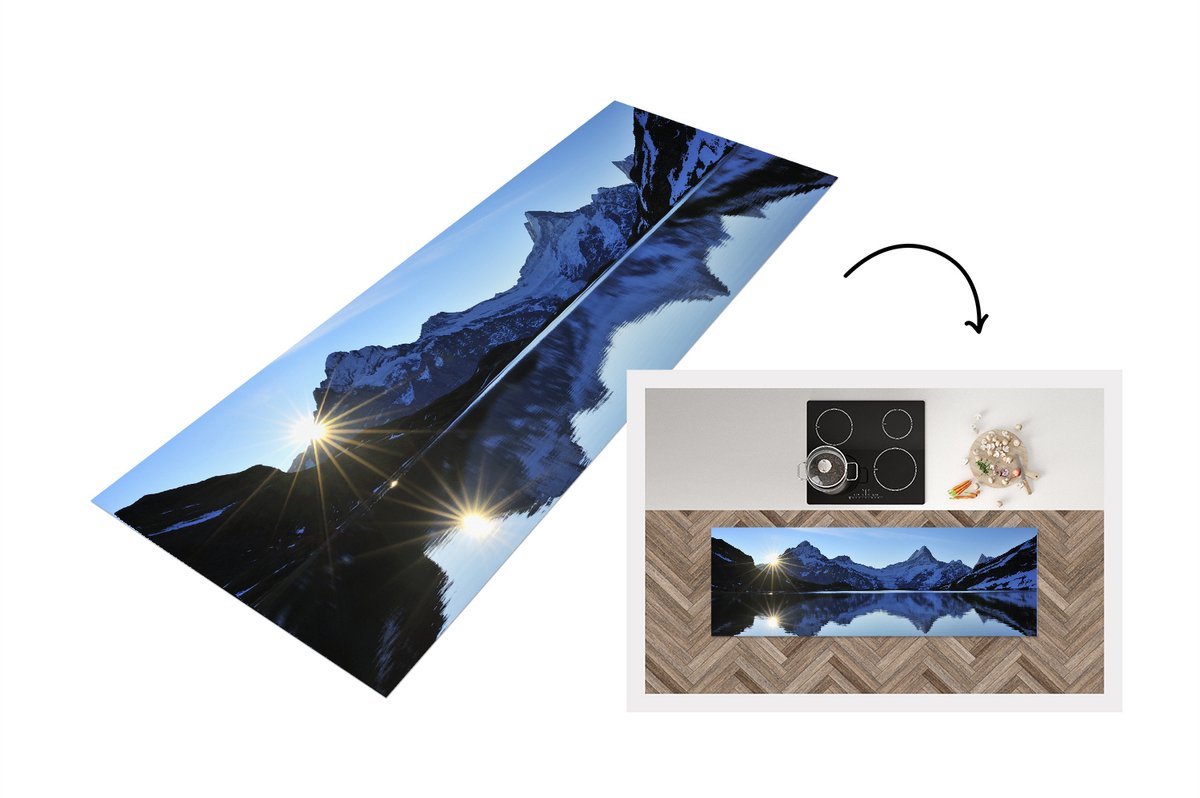 KitchenYeah Keukenloper - Loper keuken - Alpen - Berg - Water - Sneeuw - 150x50 cm - Keukenloper vinyl Multicolor