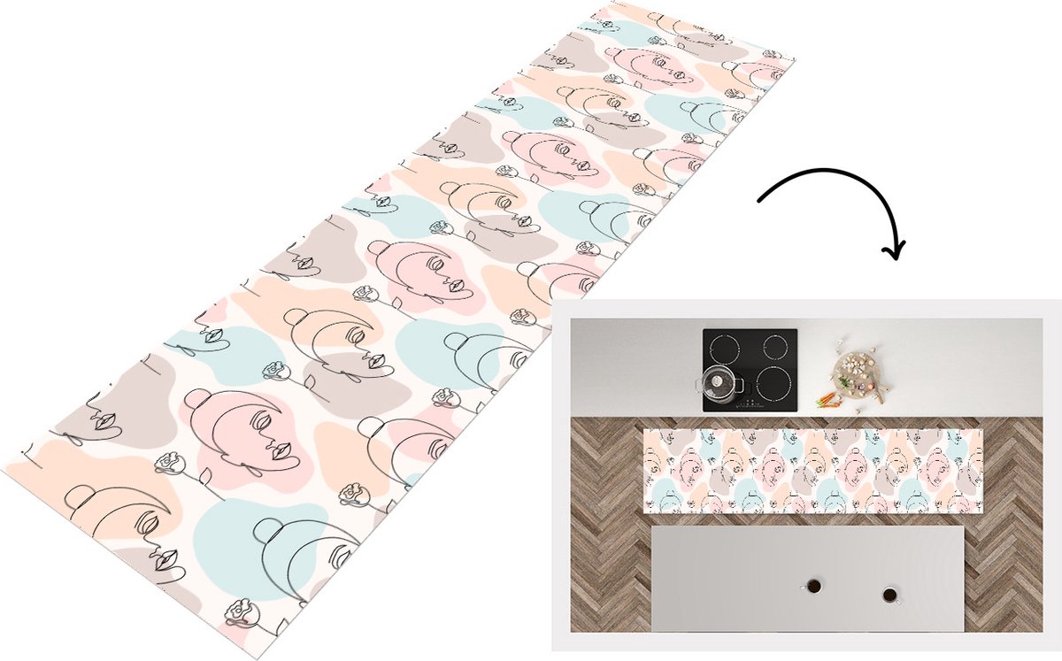 KitchenYeah Keukenloper - Loper keuken - Vrouw - Bloemen - Line Art - Pastel - Patroon - 240x60 cm - Keukenloper vinyl Multicolor