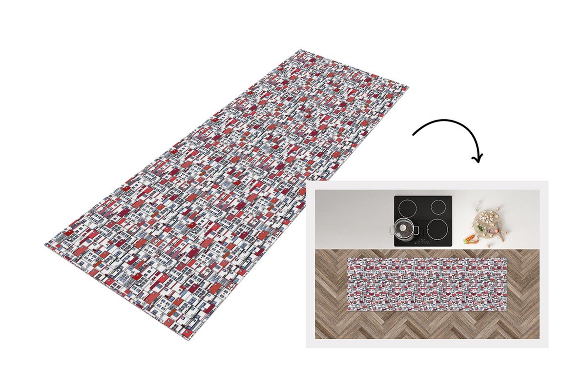 KitchenYeah Keukenloper - Loper keuken - Stad - Patroon - Huizen - 180x60 cm - Keukenloper vinyl Multicolor